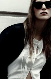 Model wearing dark sunglasses, a black jacket, and a white top with tie closures against a pale textured background.