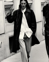 Model in a black leather coat and striped shirt walking on a city street for Massimo Dutti pre-fall
