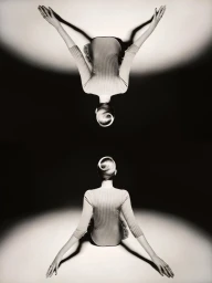 Symmetrical reflection of a woman from behind wearing a ribbed top against a dark studio background