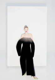 Model wearing a black sculptural strapless jumpsuit against a minimalist white studio background for Numero Switzerland.