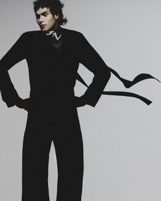 Young adult poses indoors in black suit with flowing ribbons. Expressive androgynous person stands against gray backdrop in fashion shot.