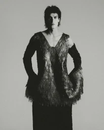 Monochrome portrait of male model Leandro da Silva wearing a textured sleeveless V-neck top for Numero Netherlands