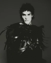 Portrait of a male model wearing a dark feathered garment against a plain neutral background