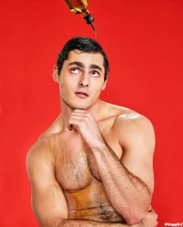 Shirtless man looking up as golden liquid pours on his head against a solid red studio background for Playgirl Magazine.