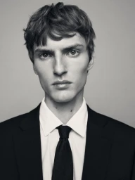 Portrait of a man wearing a black suit jacket, white shirt, and black tie against a grey background.