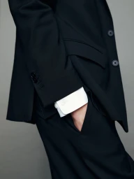Close up of a black blazer and trousers with a crisp white shirt cuff visible for Massimo Dutti