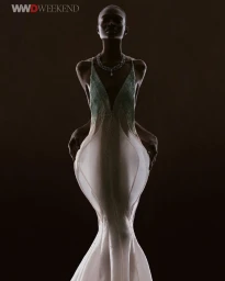 Model Debra Shaw wearing a sheer sculpted gown and diamond necklace for WWD Taking Shape editorial by Alex Black.