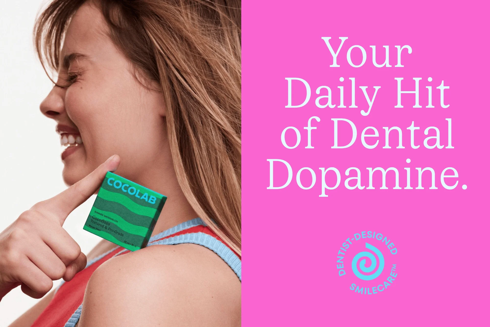 Woman holding COCOLAB dental product against a pink backdrop with text. Focus on dental health, beauty, and personal care.