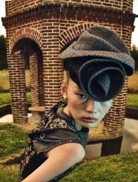 Model wearing a sculptural tweed hat and patterned sleeveless top outdoors near a brick architectural structure.