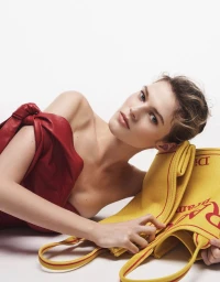 Model in a red dress reclining against a yellow canvas tote bag on a white backdrop.