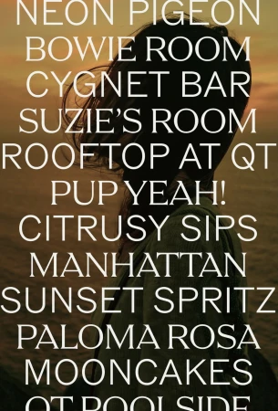Abstract silhouette against a sunset backdrop, overlaid with vertically stacked white text listing various bar and room names.