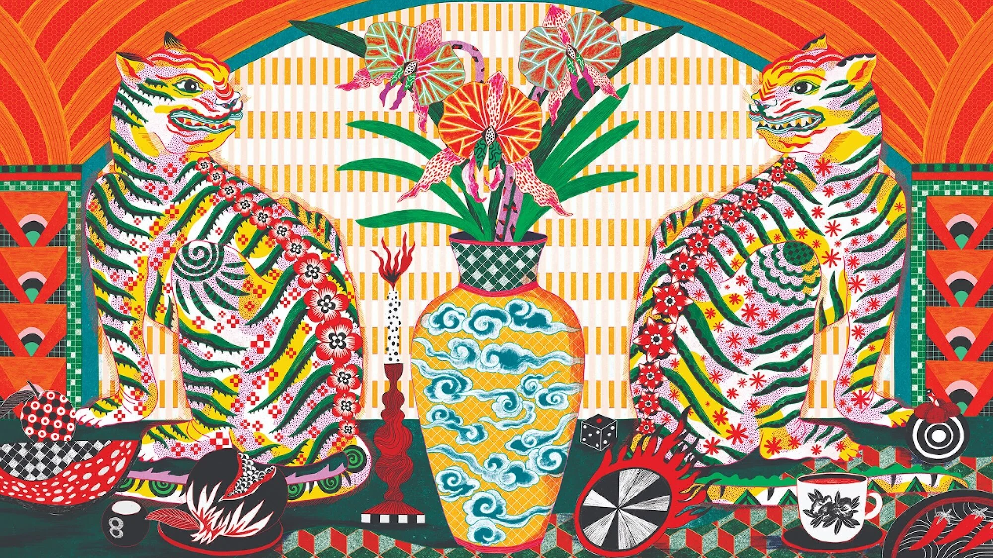 Whimsical illustration featuring two stylized tigers flanking a vase of flowers, set against a geometric patterned backdrop, creating a vibrant, artful composition.