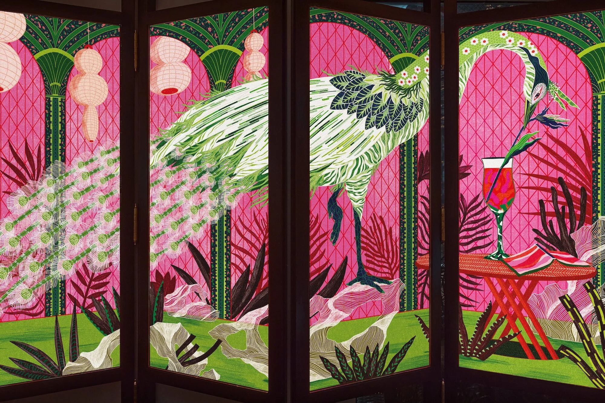 Artistic illustration of a bird with decorative feathers standing in a lush pink and green environment, accented by a cocktail on a small table.