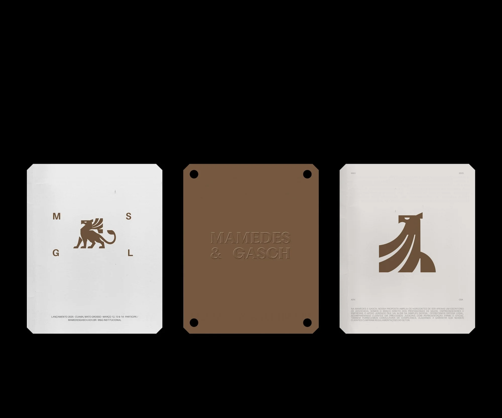 Three cards displaying logos in brown and tan. Two cards are white with one showing a griffin logo and the other an eagle.