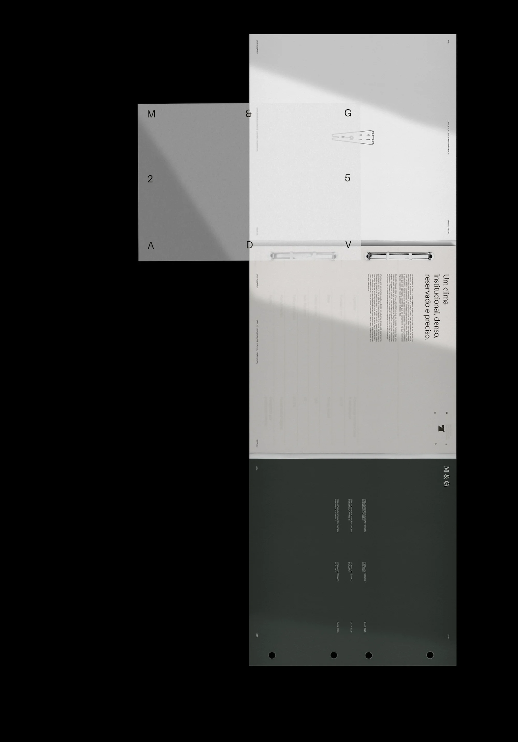 Abstract composition featuring overlapping white and gray paper sheets with printed text, set against a stark black background, minimal.