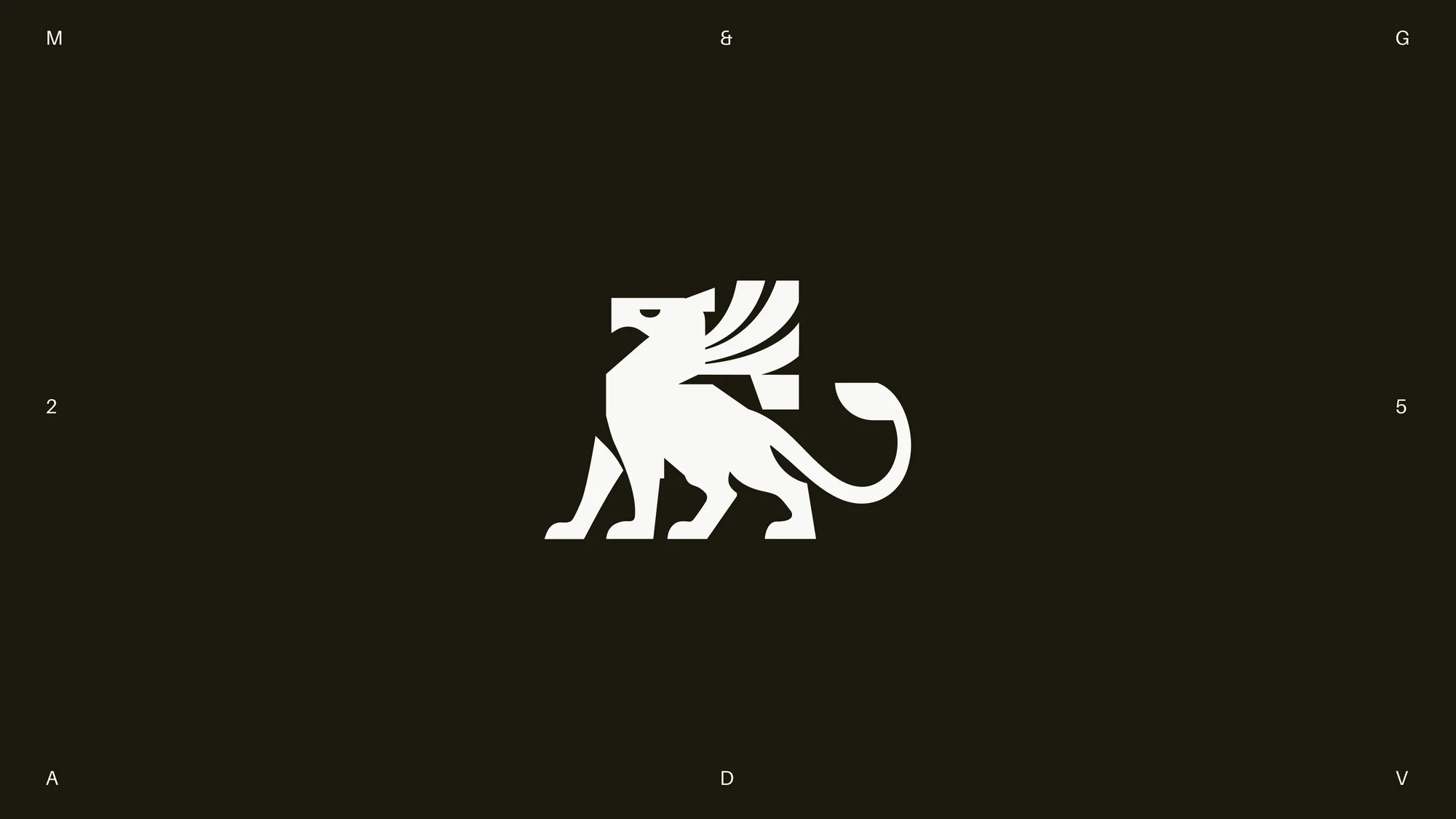White stylized griffin logo centered on a dark background with small letters M, G, 2, 5, A, D, V positioned in the corners