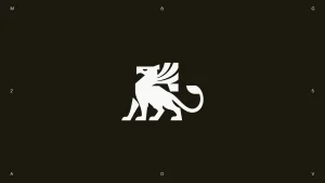 White stylized griffin logo centered on a dark background with small letters M, G, 2, 5, A, D, V positioned in the corners