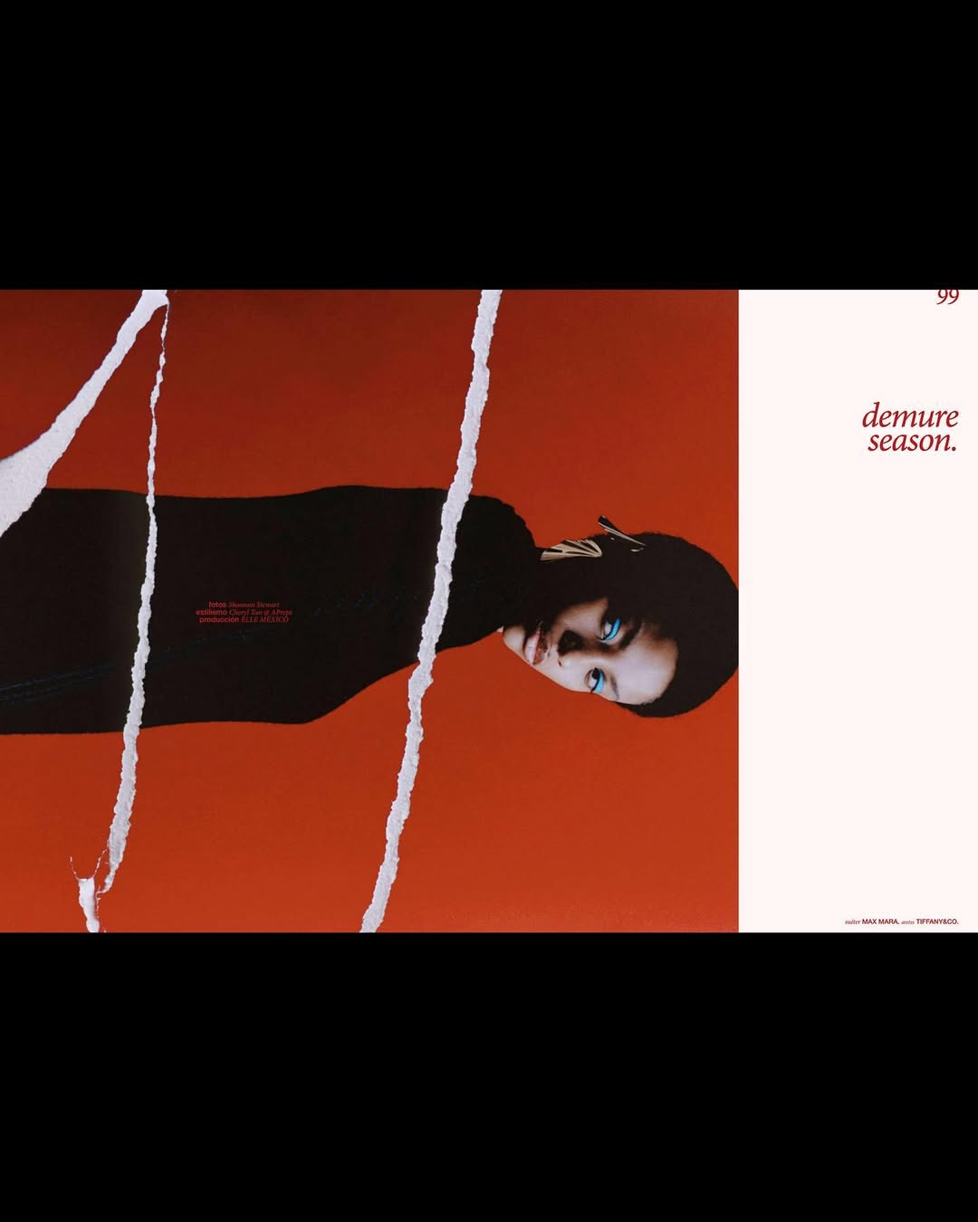 Fashion editorial featuring a woman with blue eyes wearing black against an orange backdrop, with ripped paper elements and text.