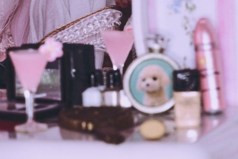Close-up of pink cocktails, makeup bottles, a dog photo, and a brown textured object on a light surface with soft, blurred focus.