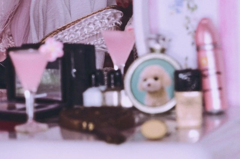 Close-up of pink cocktails, makeup bottles, a dog photo, and a brown textured object on a light surface with soft, blurred focus.