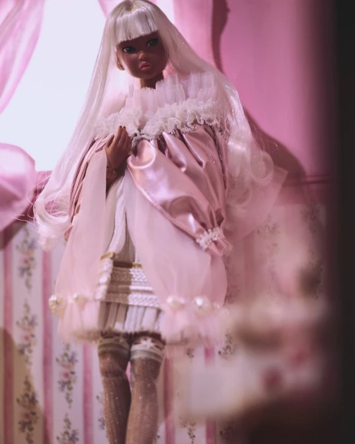 Fashion doll with fair skin and long white hair wearing a pink and white dress with lace details posing indoors against a pink backdrop.