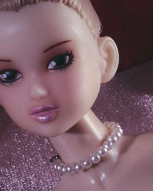 Close-up of a fashion doll's face with pearl necklace and blond hair against a shimmering pink backdrop in a beauty or fashion context.