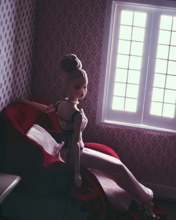 Articulated doll sitting on a red chaise lounge in front of a window with a patterned wallpaper background and neutral light.