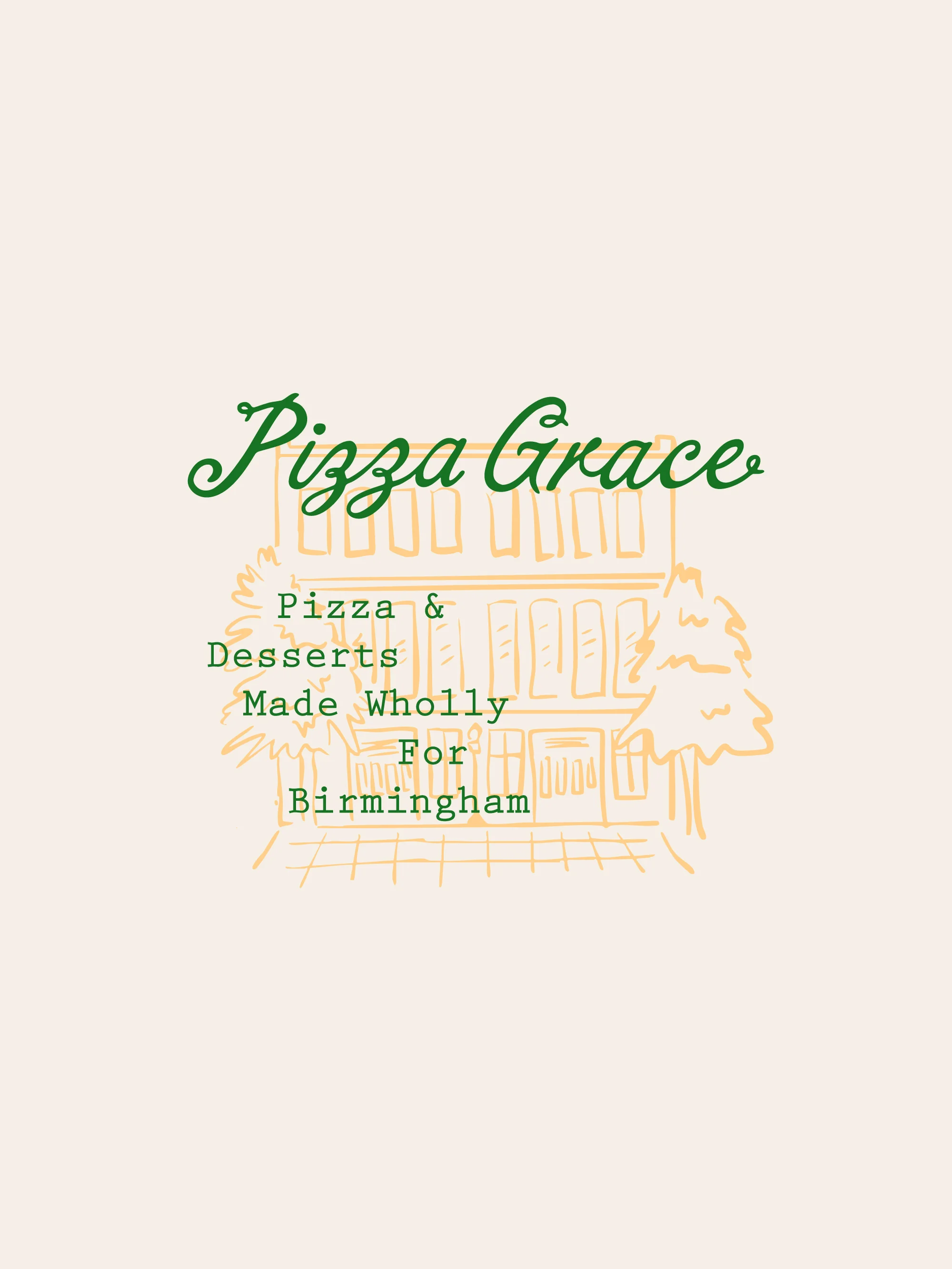 Stylized promotional graphic for Pizza Grace, with a building sketch and text elements on a light tan background.