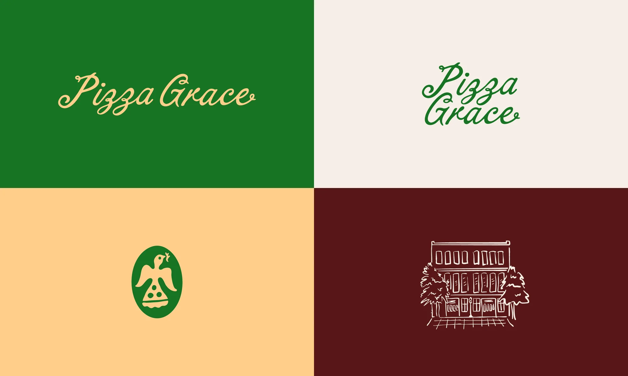 Logo compilation for Pizza Grace featuring typography, building line art, and an eagle emblem, all set against a colorful background.