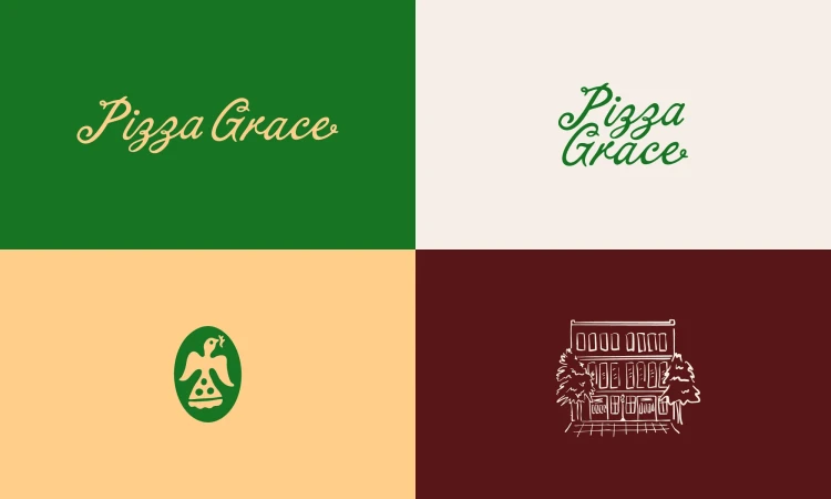 Logo compilation for Pizza Grace featuring typography, building line art, and an eagle emblem, all set against a colorful background.