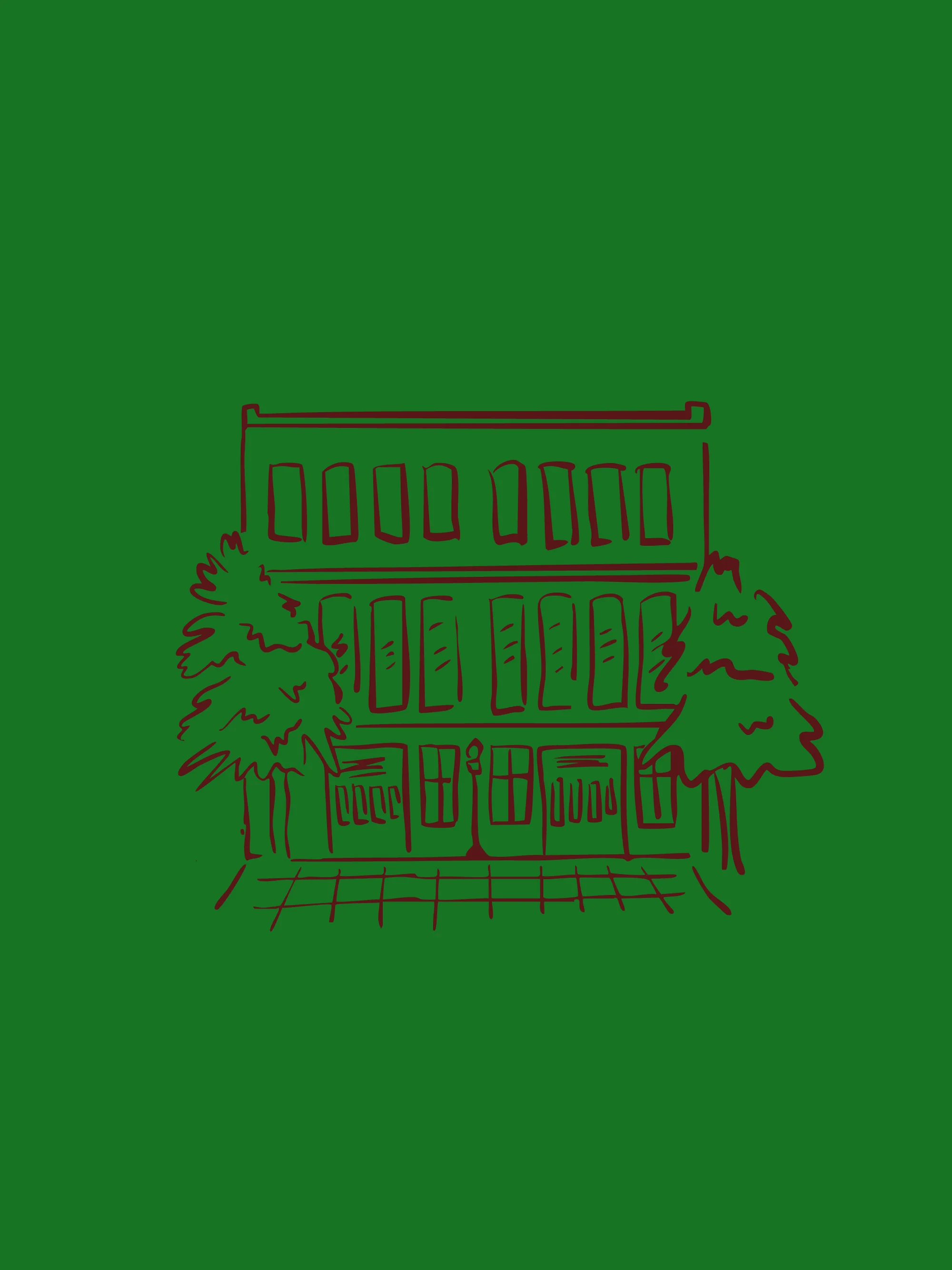 Illustration of a two-story building with a row of windows on each floor, flanked by trees, drawn in a sketch style.