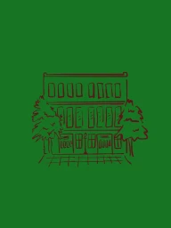 Green illustration featuring a brown line drawing of a building facade with trees on each side.