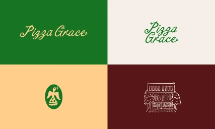 Four-quadrant graphic design layout showcasing Pizza Grace brand identity with custom typography and hand-drawn emblems.
