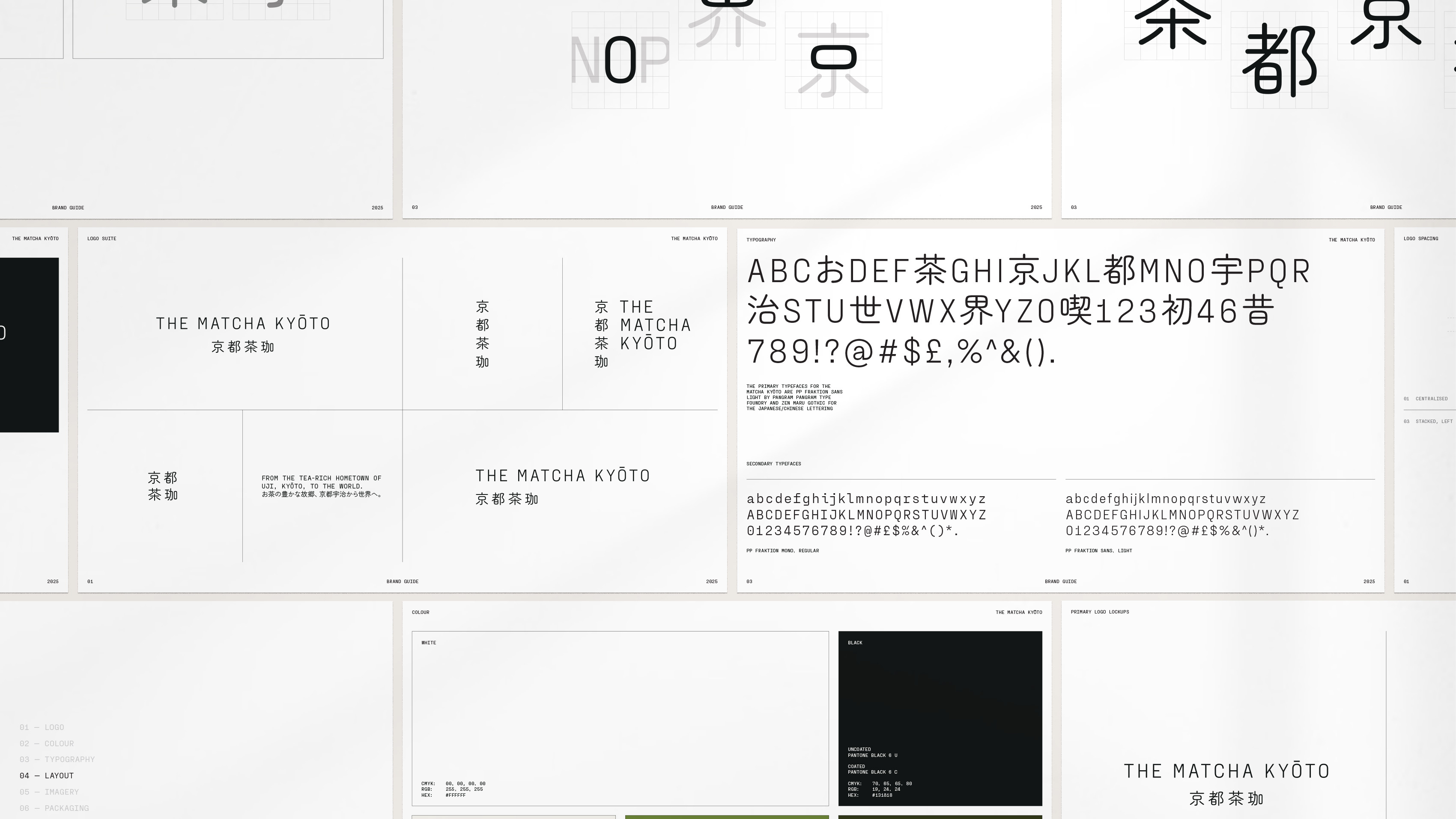 Brand guide featuring typography and layout design for The Matcha Kyoto with Japanese text and geometric sans-serif font.