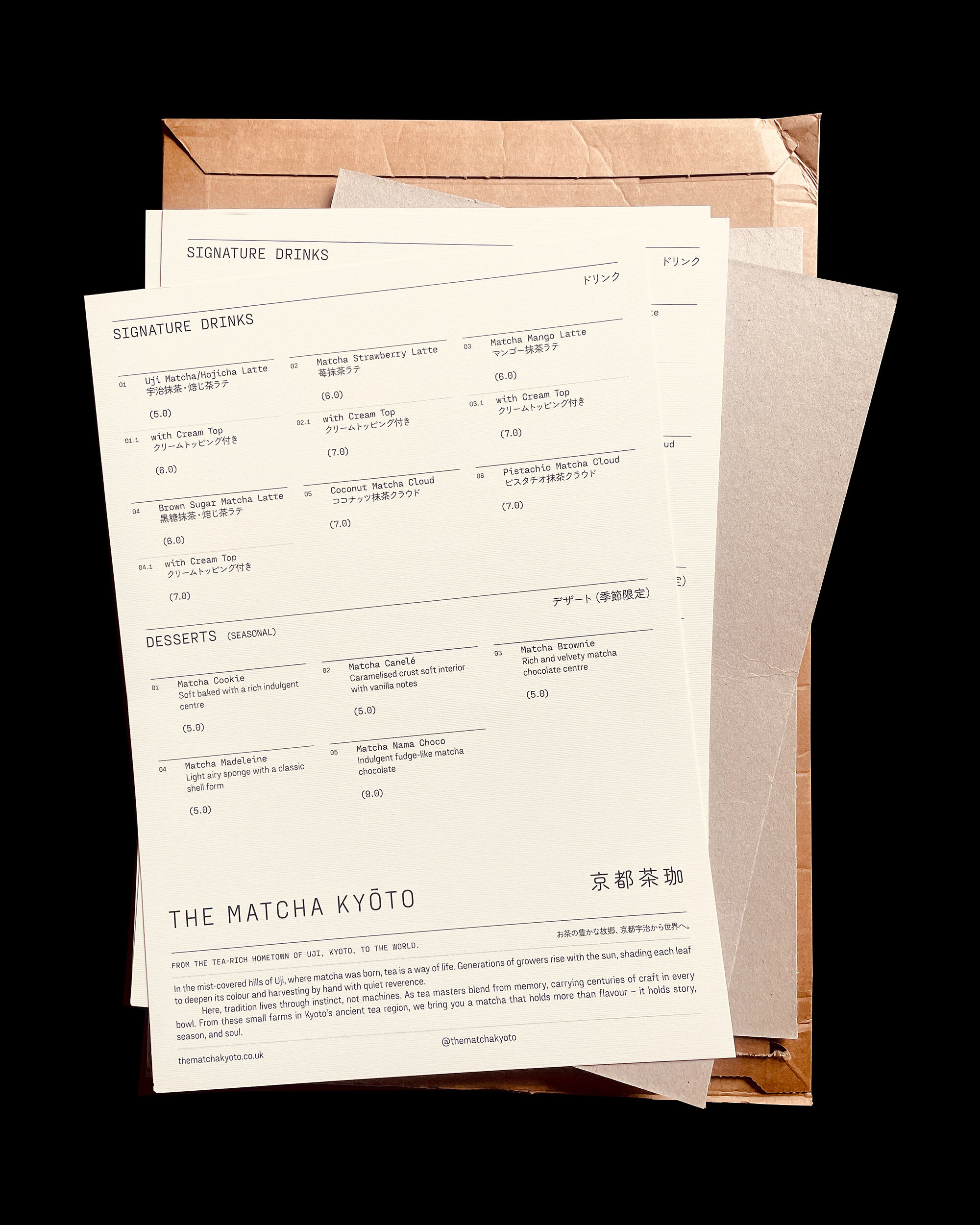 Menu from The Matcha Kyoto featuring signature drinks and desserts, presented on a brown paper envelope, showcasing Japanese culinary offerings.