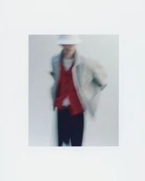 Motion blurred fashion portrait of a male model wearing a red vest and light jacket against a white background.
