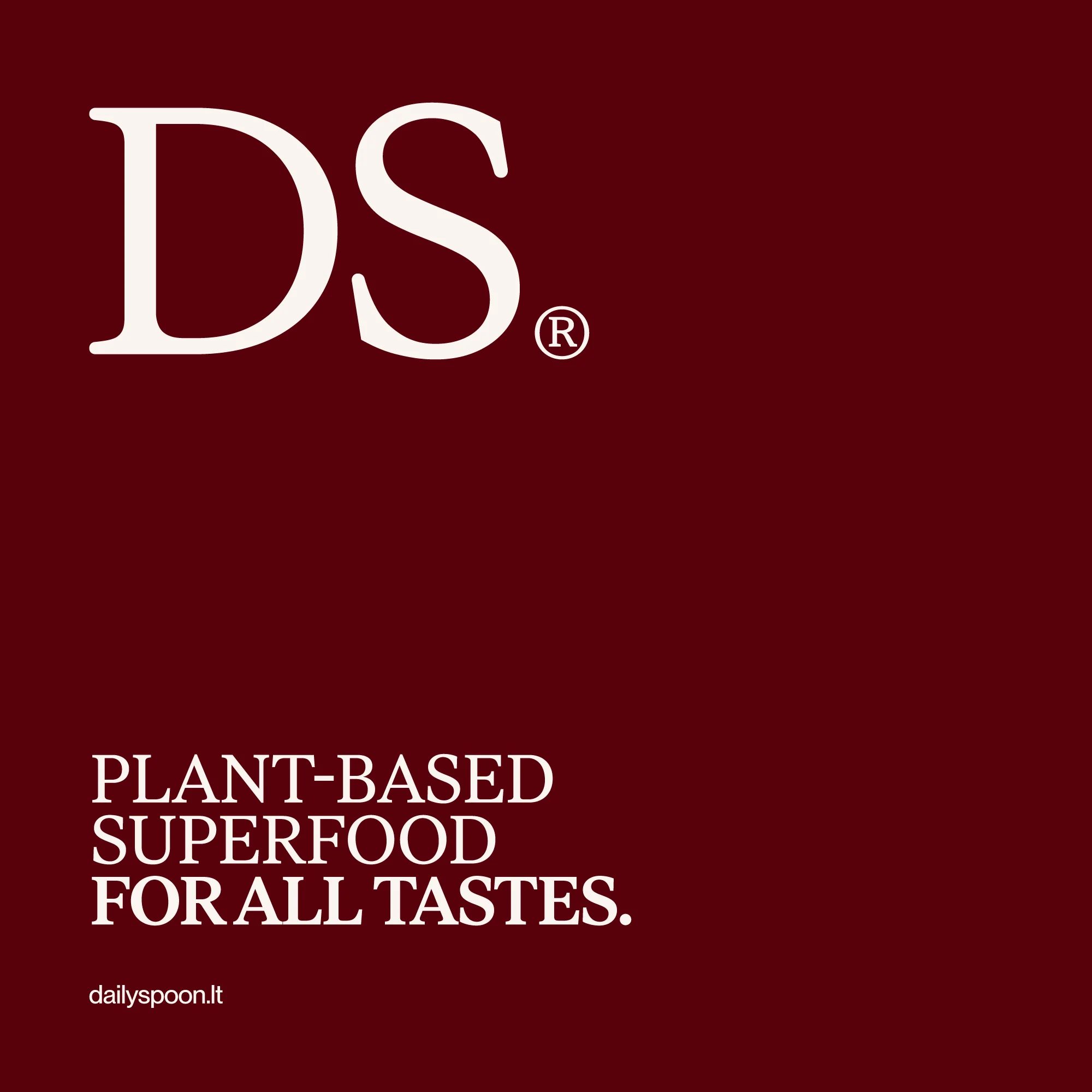 Digital advertising for Daily Spoon featuring their logo and the text "Plant-based superfood for all tastes" on a dark red background.