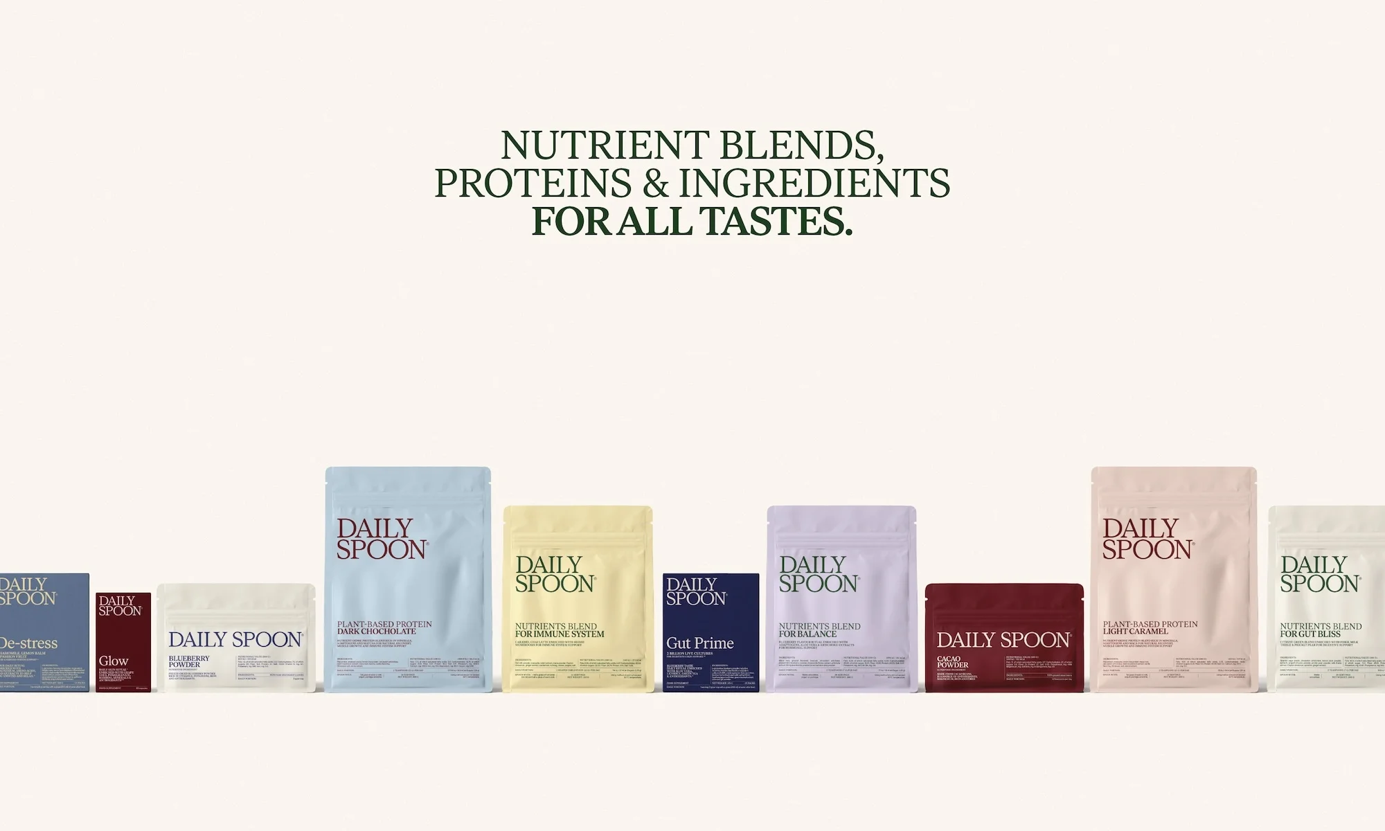 Assortment of Daily Spoon nutrient blends and protein powders in various sizes and colors, arranged against a neutral background with text overlay.