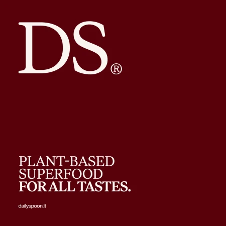 Deep burgundy square graphic featuring the white monogram DS and the text plant-based superfood for all tastes by Daily Spoon.