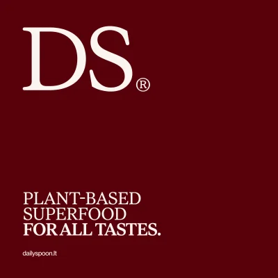 Deep burgundy square graphic featuring the white monogram DS and the text plant-based superfood for all tastes by Daily Spoon.