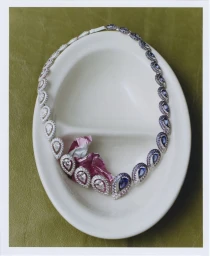An ornate teardrop gemstone necklace arranged inside a white oval ceramic dish against a textured green background.
