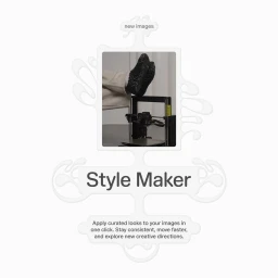 UI mockup featuring a framed image of feet resting on a 3D printer with Style Maker branding