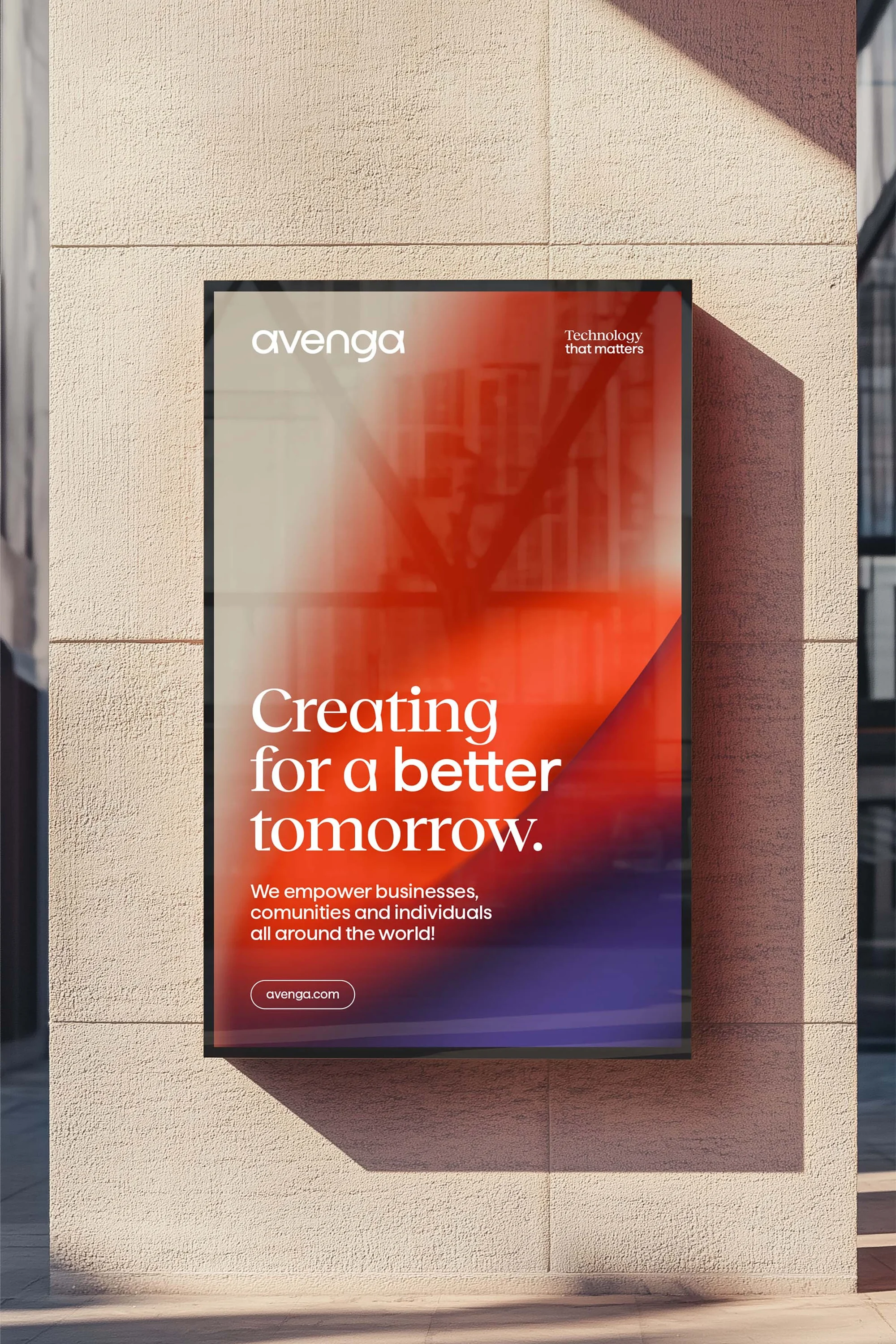 Promotional poster for Avenga brand features a gradient graphic design with the slogan 'Creating for a better tomorrow.'