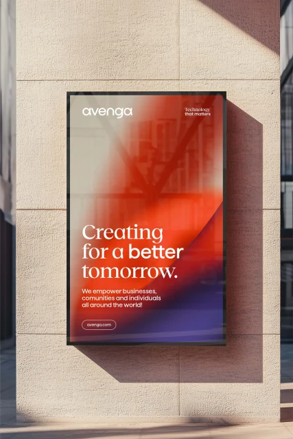 Promotional poster for Avenga brand features a gradient graphic design with the slogan 'Creating for a better tomorrow.'