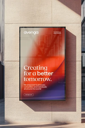 Promotional poster for Avenga brand features a gradient graphic design with the slogan 'Creating for a better tomorrow.'
