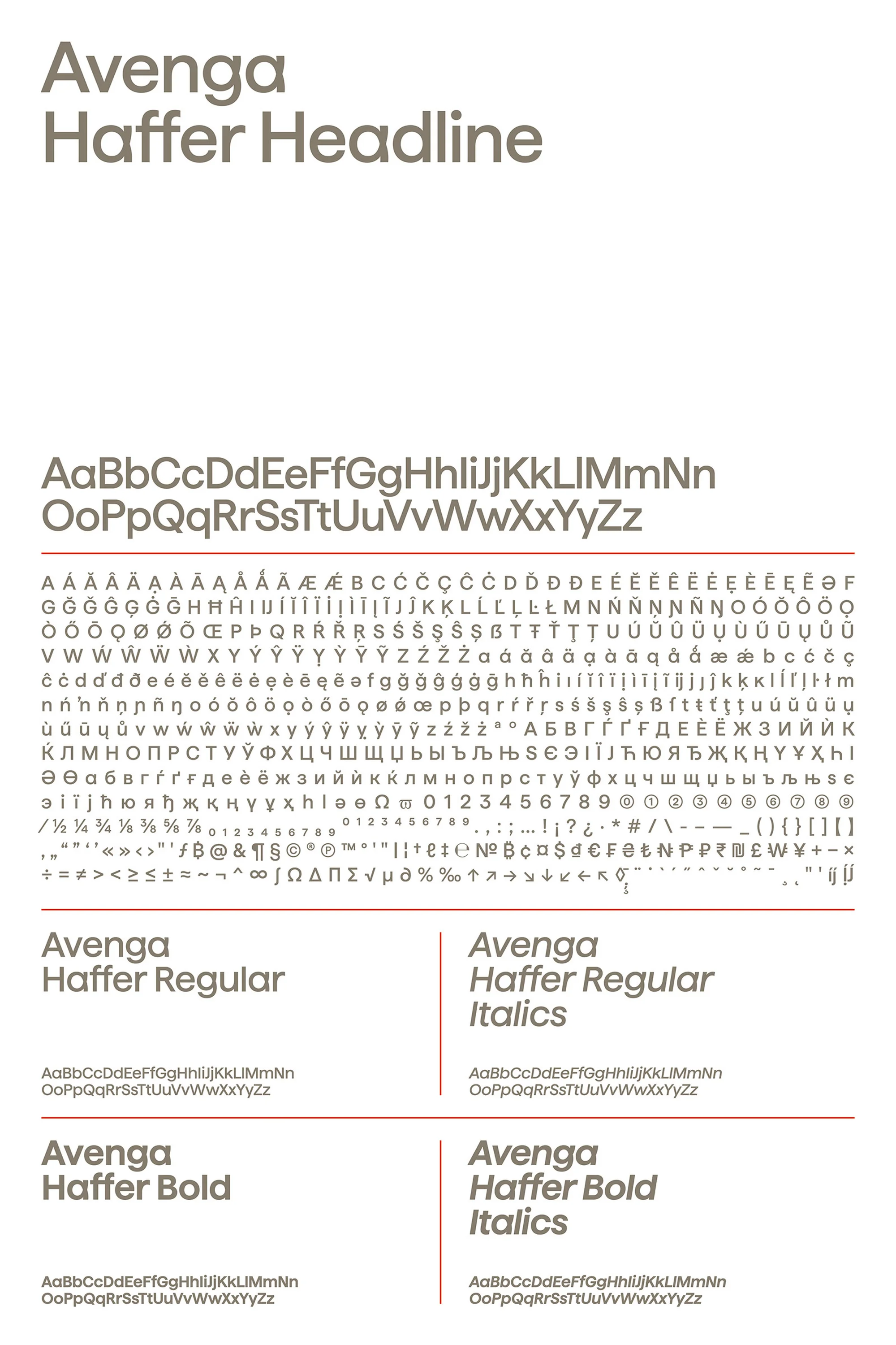 Avenga Haffer font family design for headline, regular, bold, and italic styles with uppercase and lowercase letters and character sets.