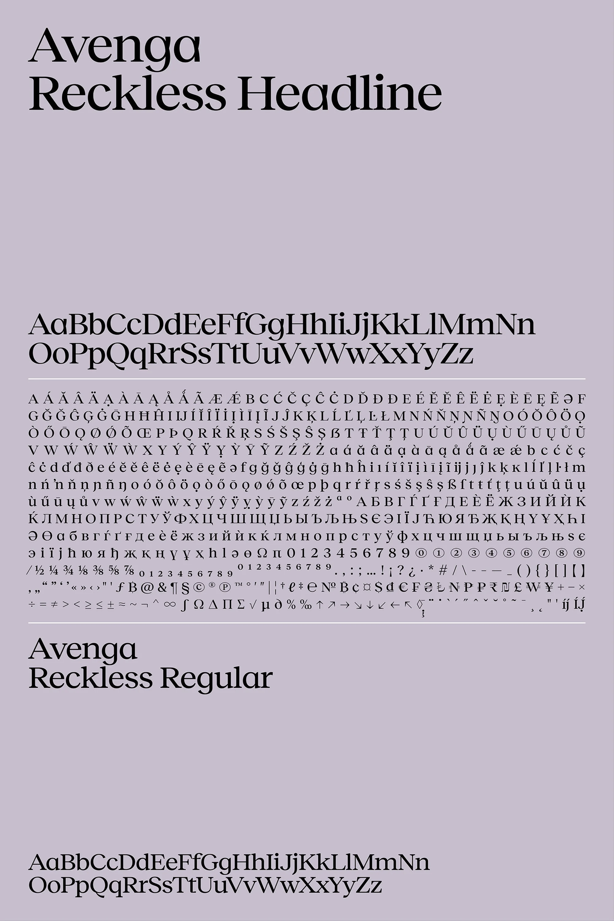 Text sample featuring the Avenga Reckless Headline and Avenga Reckless Regular fonts, displayed against a pale lavender background.
