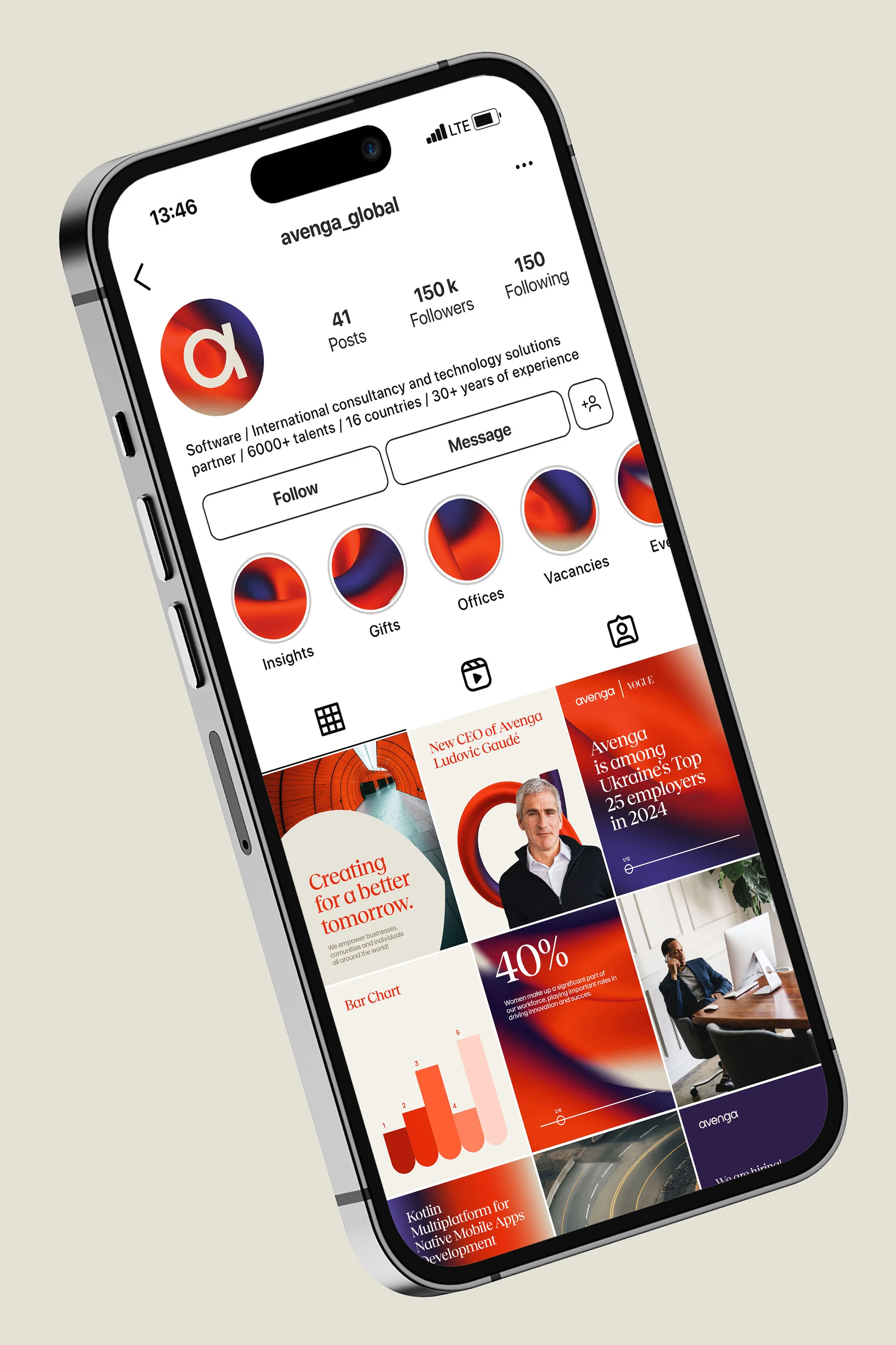 Smartphone displaying a company's Instagram profile page, featuring the logo, posts, follower counts, and several visual posts.