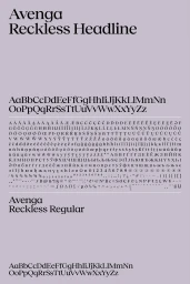 Avenga brand identity typography specimen showing Reckless Headline and Reckless Regular character sets on a light purple background