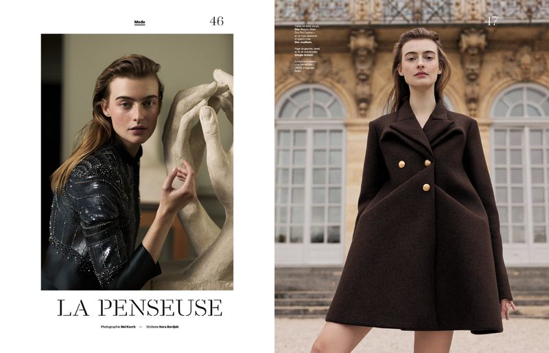 Fashion editorial features two views of a woman in stylish outerwear, showcasing modern apparel and classic architecture.